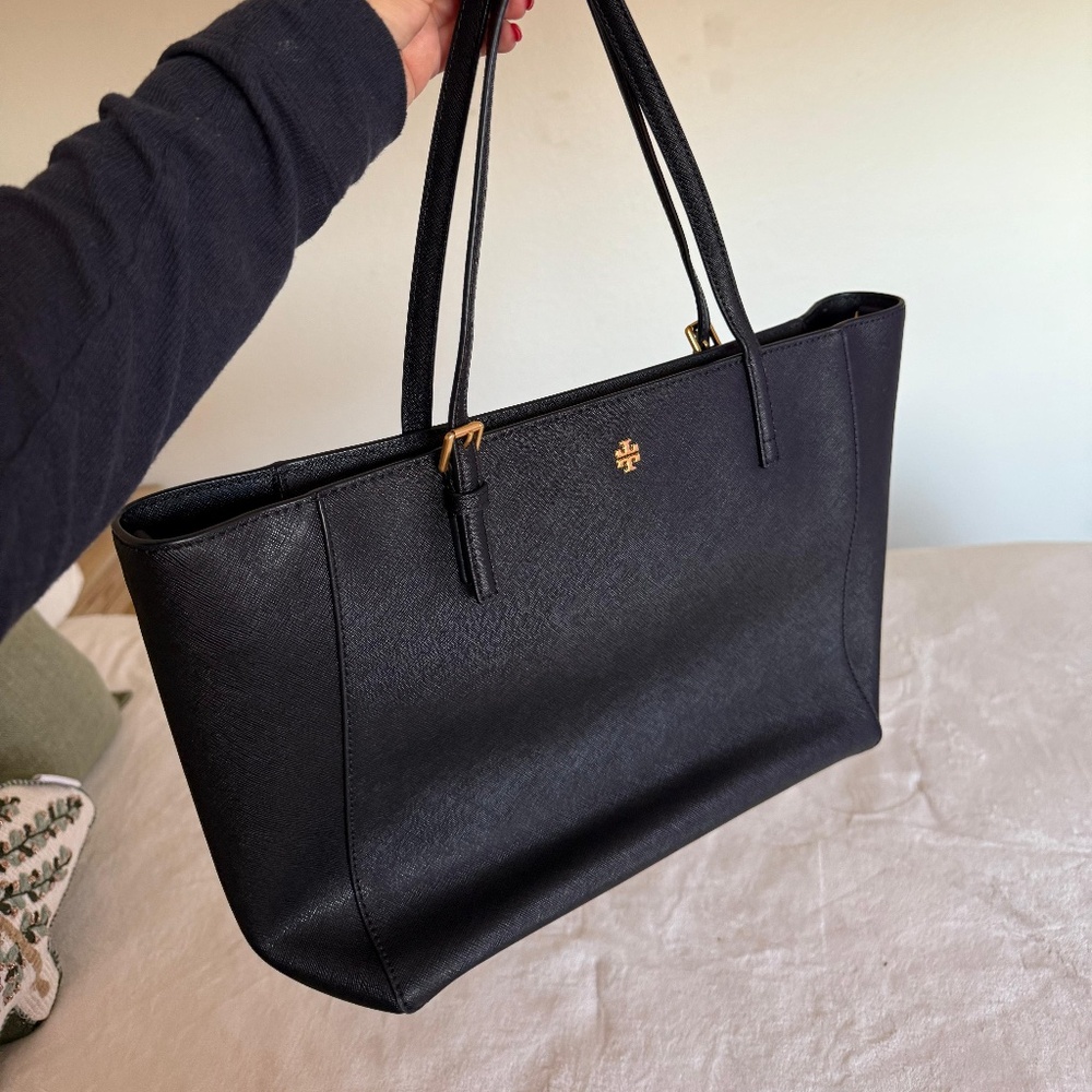 Tory Burch Black Leather Tote with Gold Logo